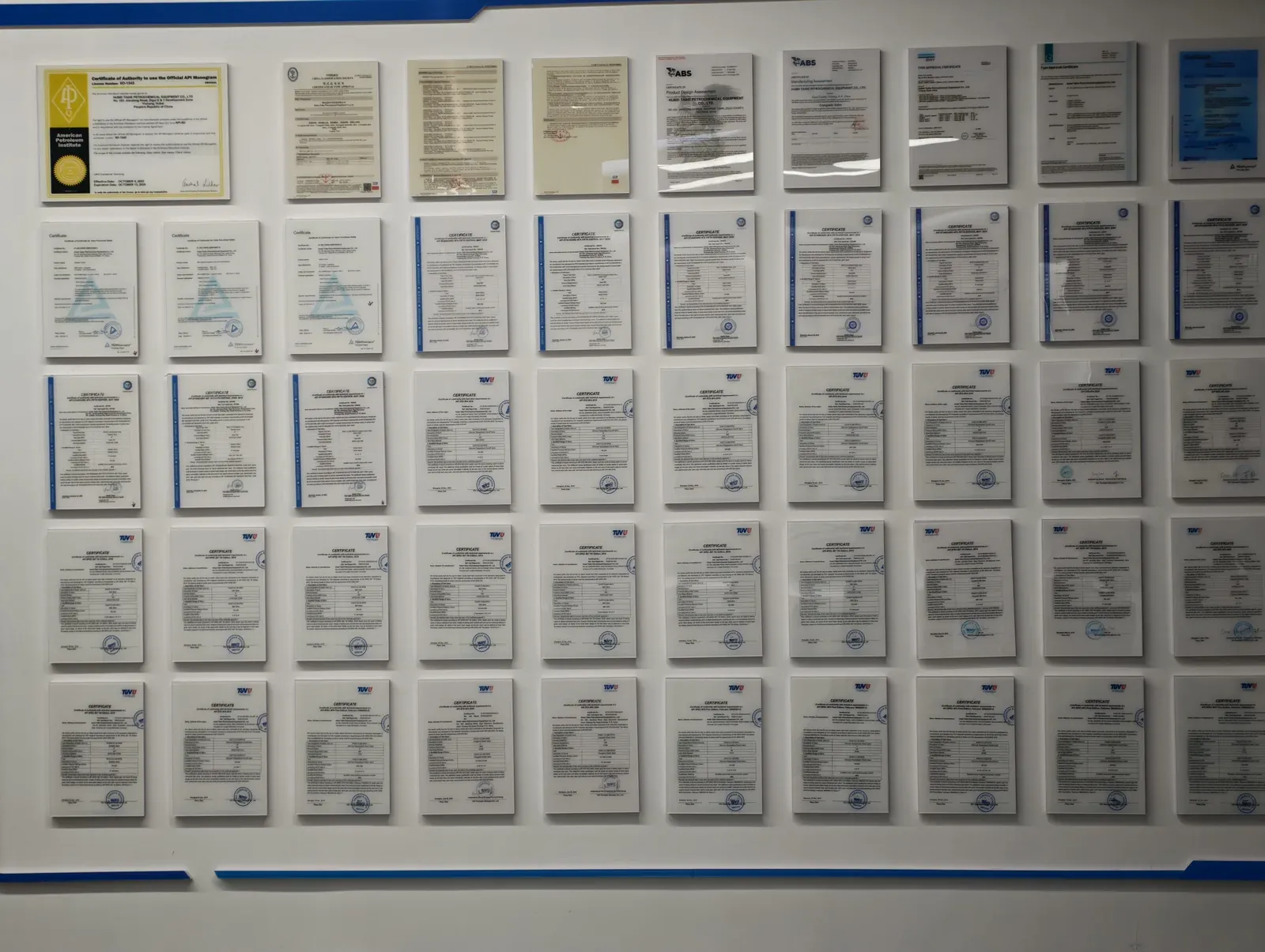 API and CNAS certification wall at the cryogenic valve manufacturing partner