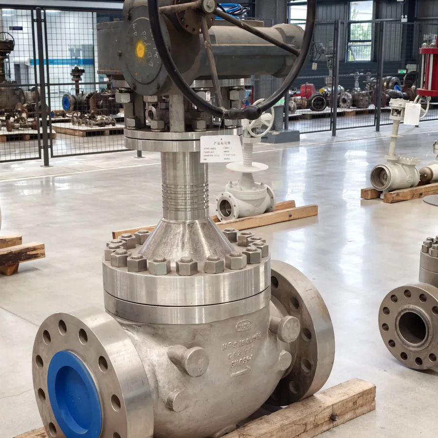 Large-bore cryogenic valve with a gear-operated handwheel on the shop floor
