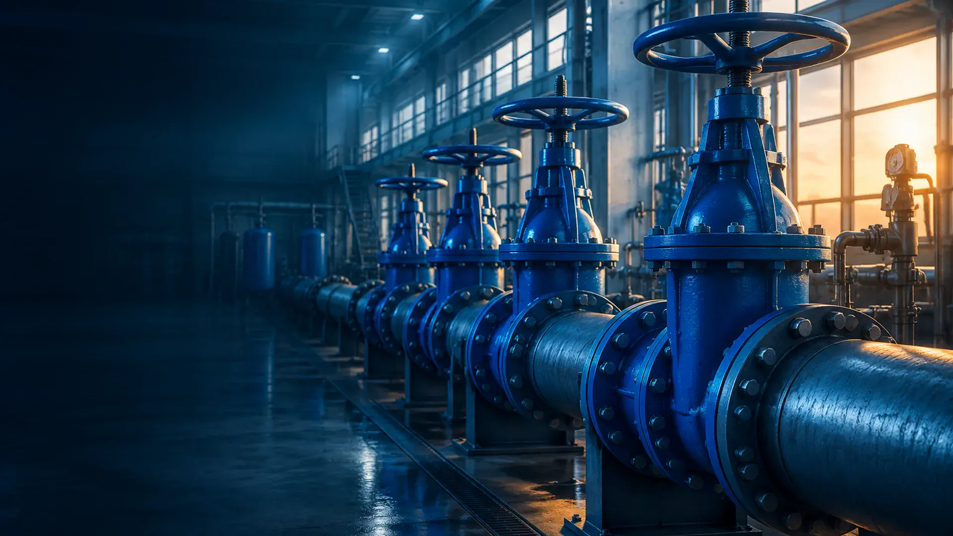 Large epoxy-coated ductile-iron gate valves on a steel water-supply manifold